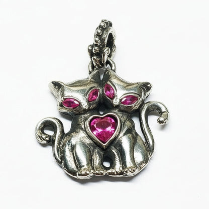 Cats love Sterling Silver Pendant with Red Heart and Marquise Cut Stones
