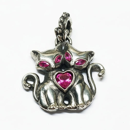 Cats love Sterling Silver Pendant with Red Heart and Marquise Cut Stones