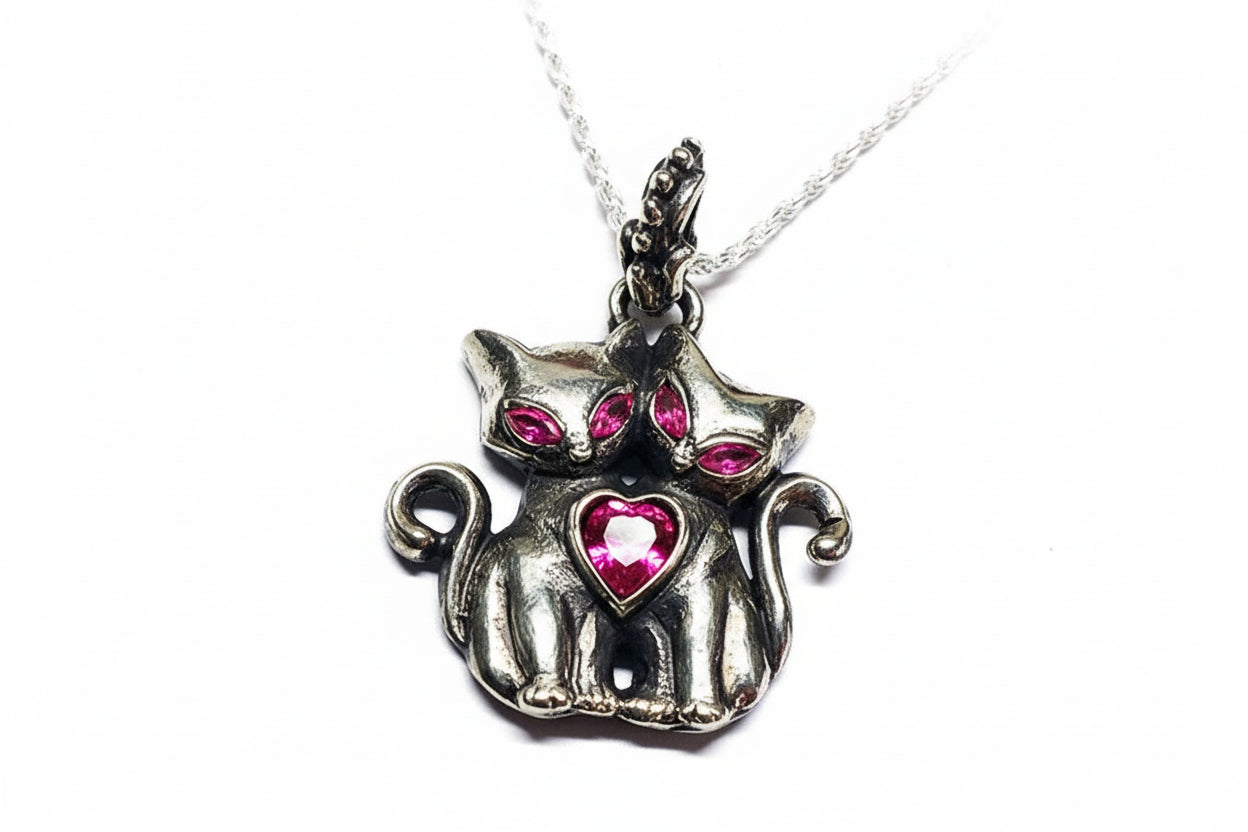 Cats love Sterling Silver Pendant with Red Heart and Marquise Cut Stones