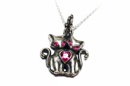 Cats love Sterling Silver Pendant with Red Heart and Marquise Cut Stones