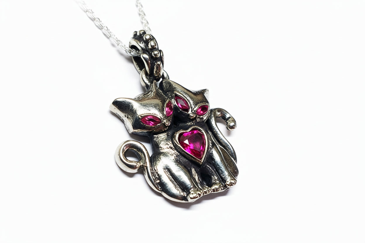 Cats love Sterling Silver Pendant with Red Heart and Marquise Cut Stones