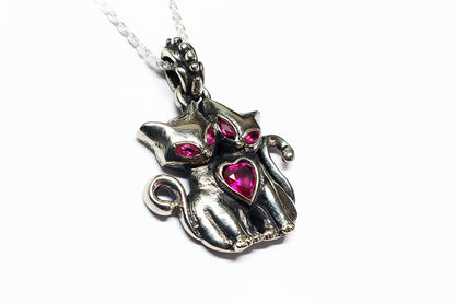 Cats love Sterling Silver Pendant with Red Heart and Marquise Cut Stones
