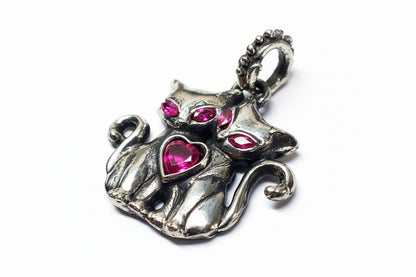 Cats love Sterling Silver Pendant with Red Heart and Marquise Cut Stones