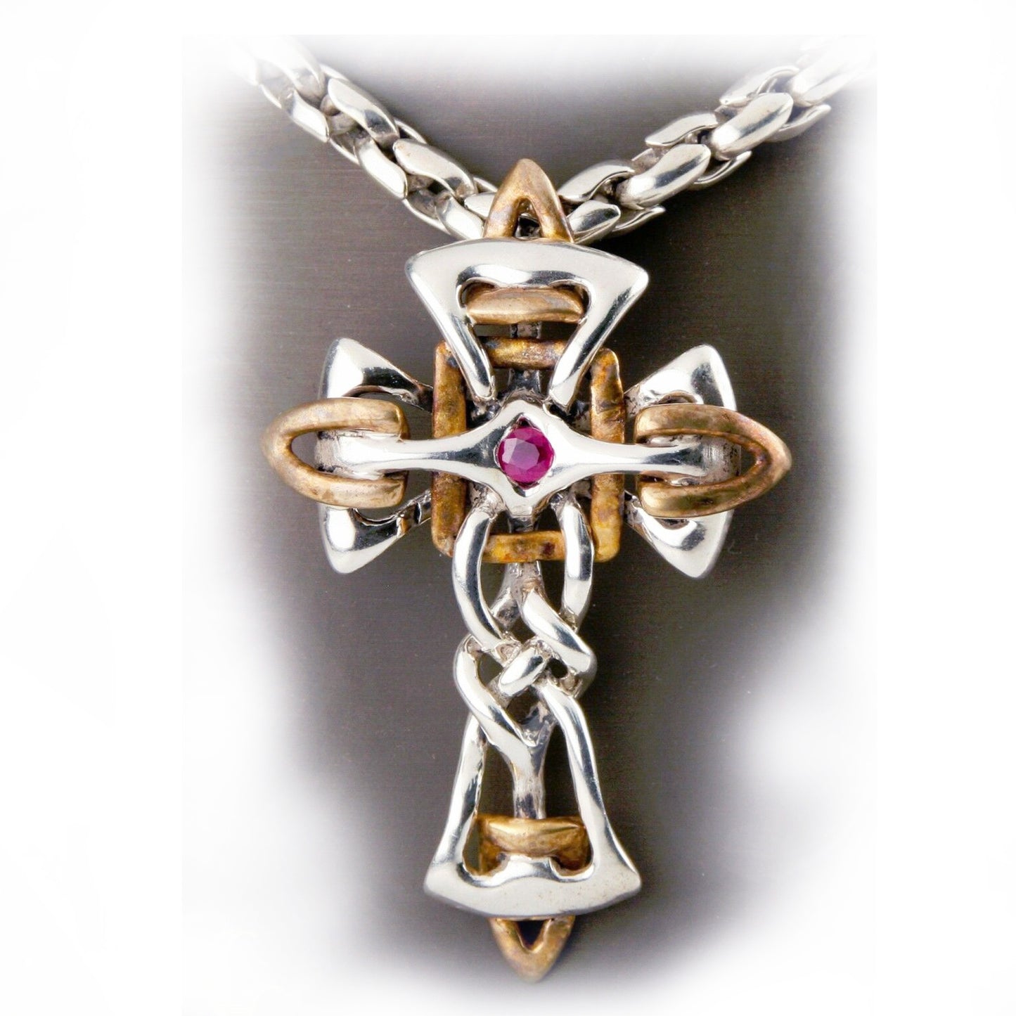 Celtic Cross with Ruby Stones Sterling Silver Pendant