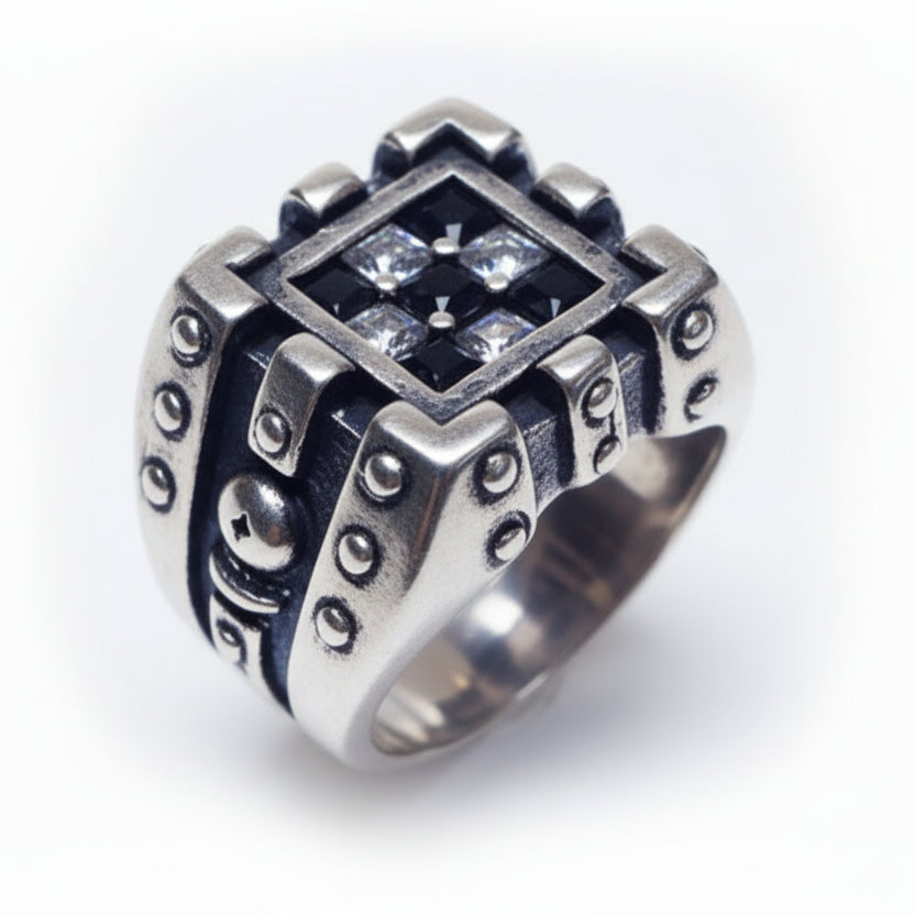 Chess Sterling Silver Ring with black and white Stones