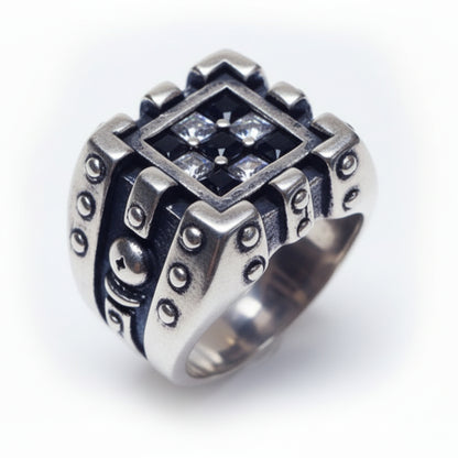 Chess Sterling Silver Ring with black and white Stones