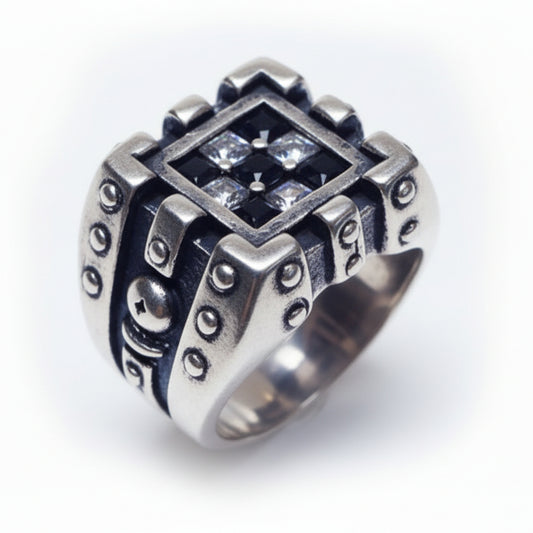 Chess Sterling Silver Ring with black and white Stones