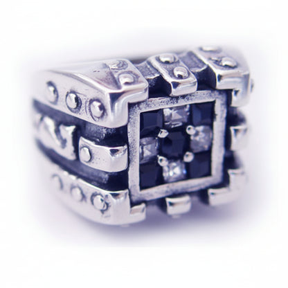 Chess Sterling Silver Ring with black and white Stones