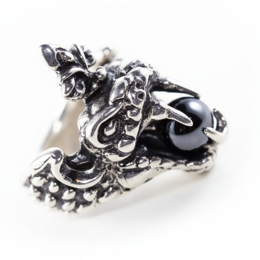 Cobra Biting Onyx Ball Sterling Silver Ring