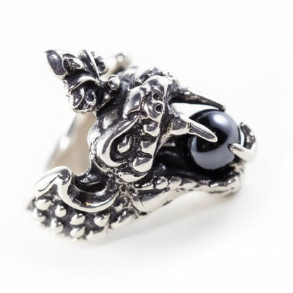 Cobra Biting Onyx Ball Sterling Silver Ring