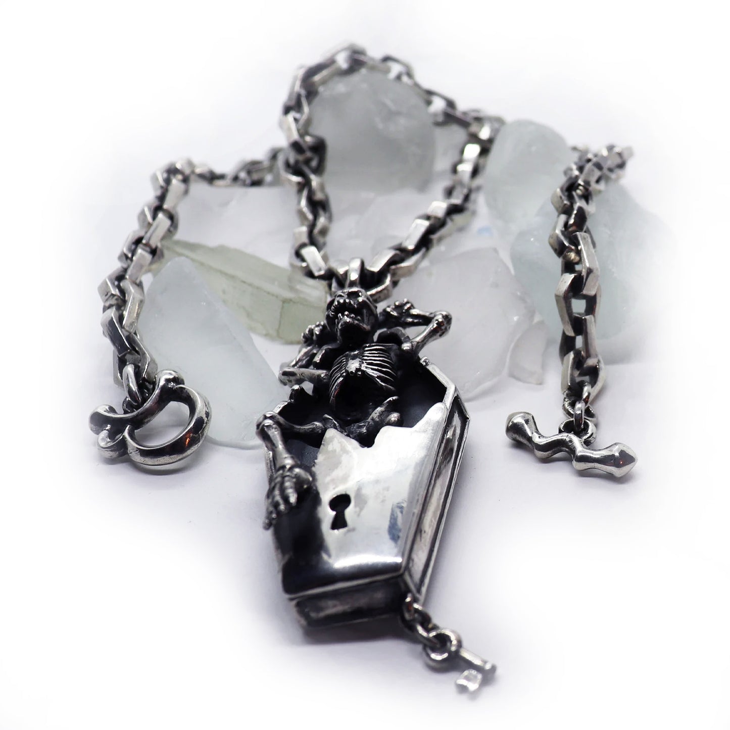 Coffin Skeleton Sterling Silver Pendant, Gothic Necklace