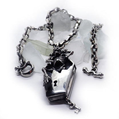 Coffin Skeleton Sterling Silver Pendant, Gothic Necklace