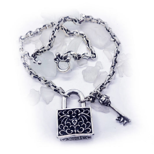 Coffin Sterling Silver Necklace with Bat Lock and Skeleton Key with Rubies