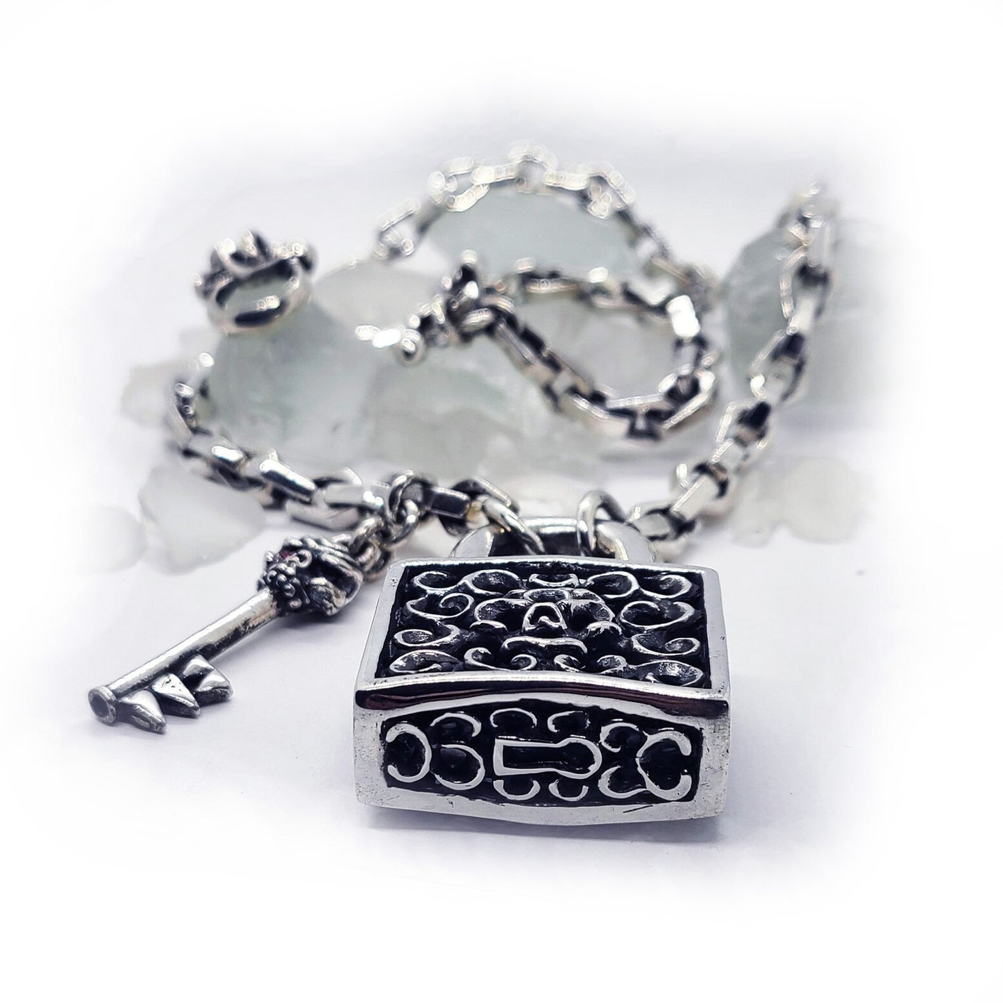 Coffin Sterling Silver Necklace with Bat Lock and Skeleton Key with Rubies