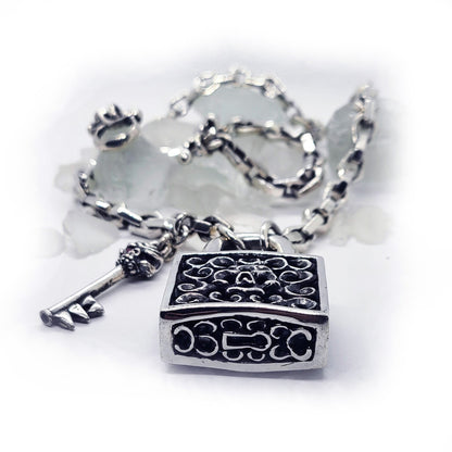 Coffin Sterling Silver Necklace with Bat Lock and Skeleton Key with Rubies