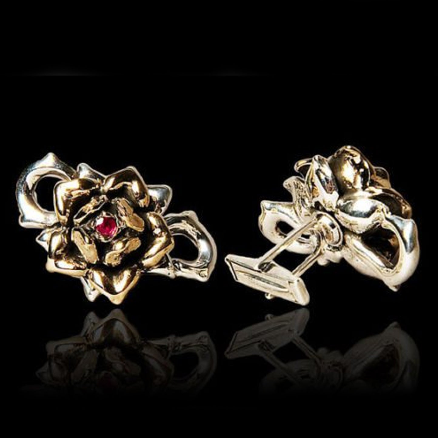 Combo Rose Link Silver and Bronze Cufflinks with Rubies