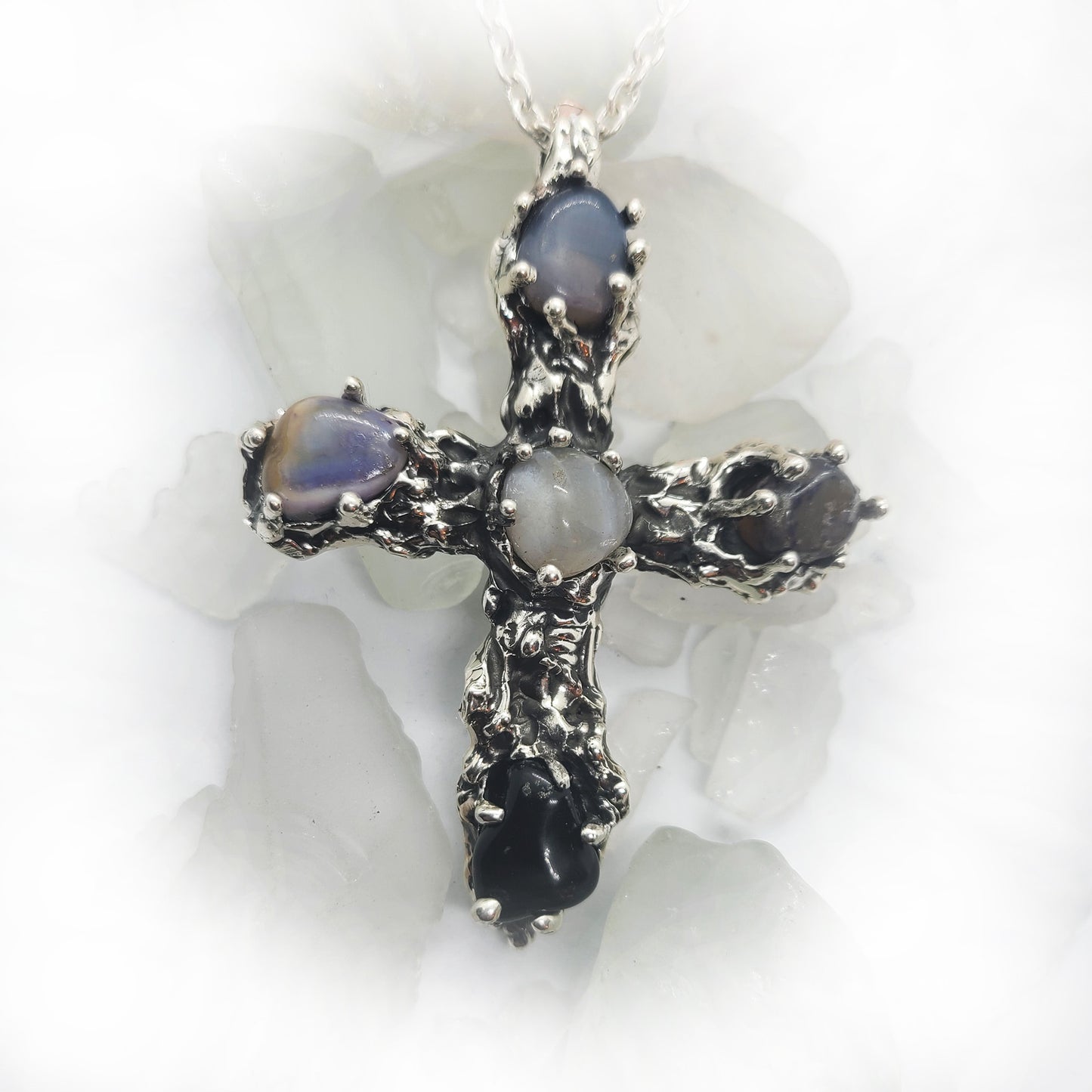 Abstract Cross Sterling Silver Pendant With Natural Stones