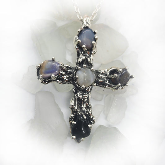 Abstract Cross Sterling Silver Pendant With Natural Stones