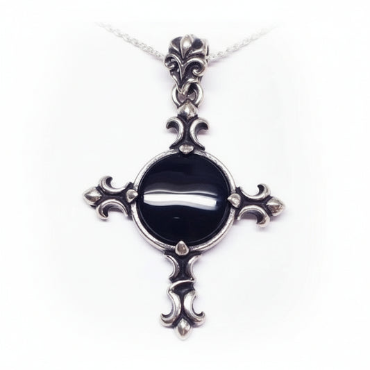 Silver Cross With Flat Round Onyx Stone Pendant