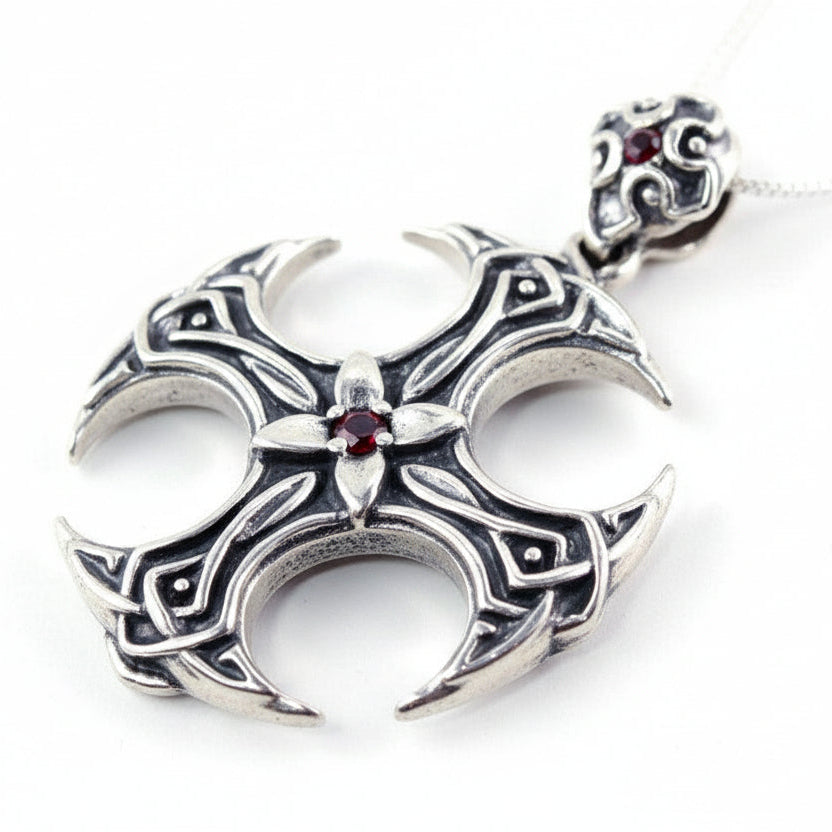 Round Shape Cross Sterling Silver Pendant with Ruby