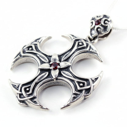 Round Shape Cross Sterling Silver Pendant with Ruby