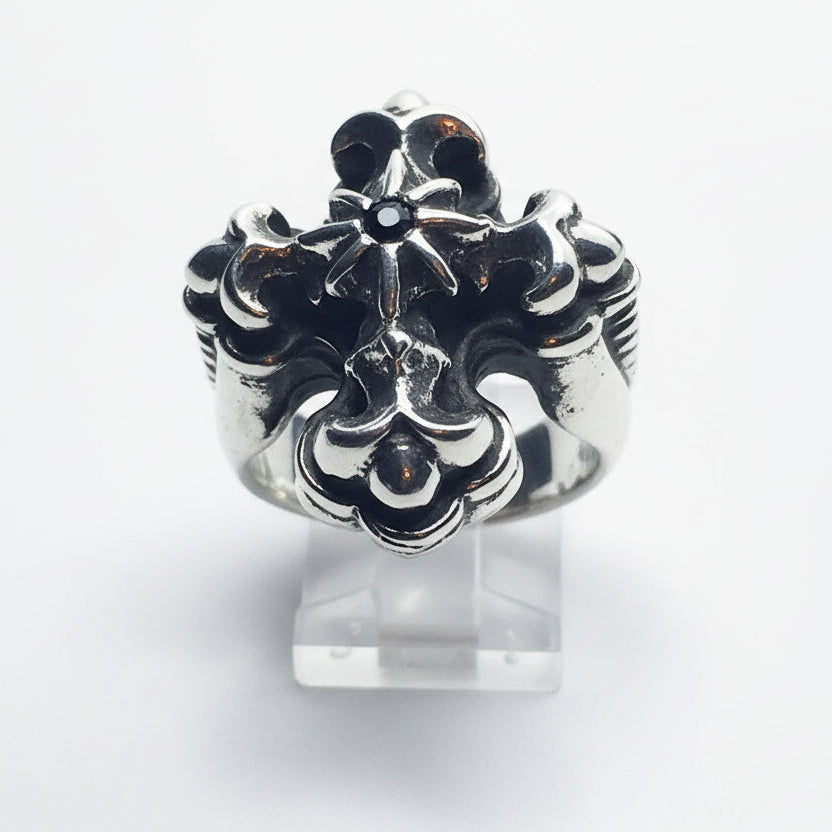 Cross with Eight Star and Onyx Silver Ring