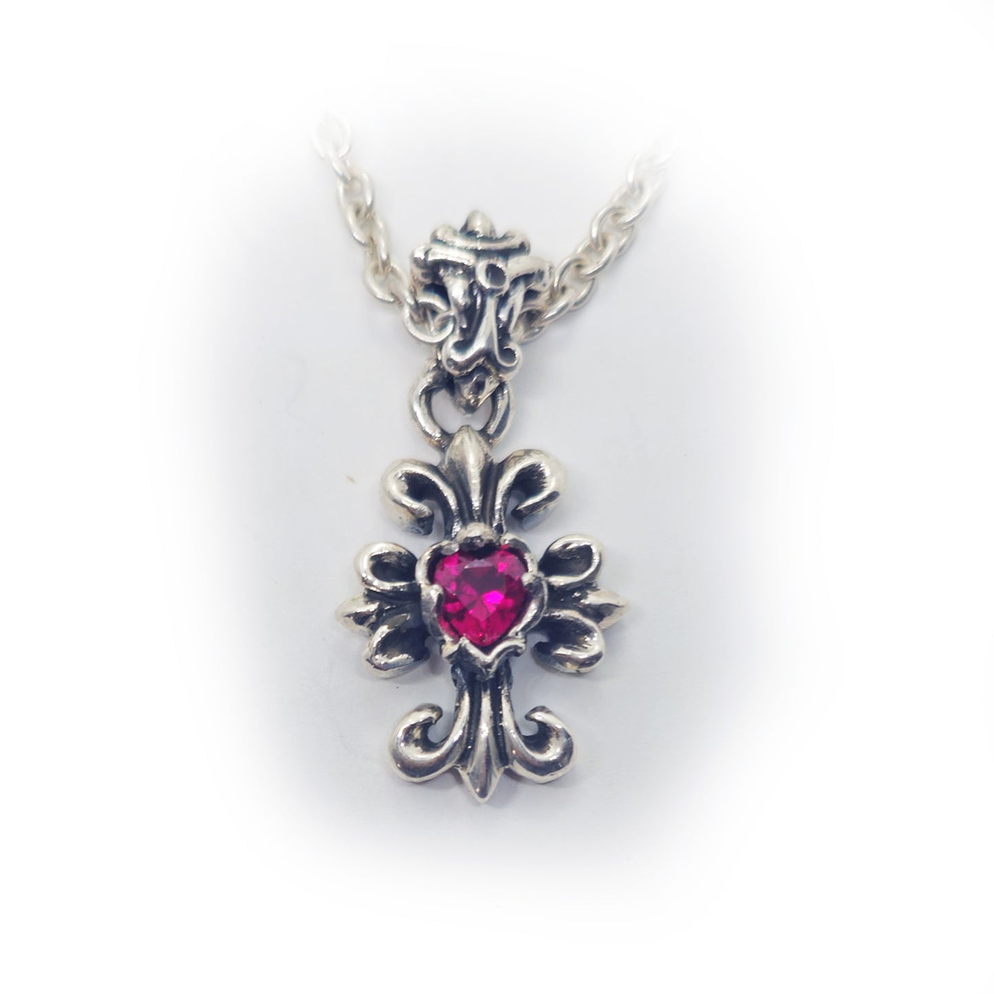 Cross with Fancy Designed and Heart Shape Red Stone Sterling Silver Pendant