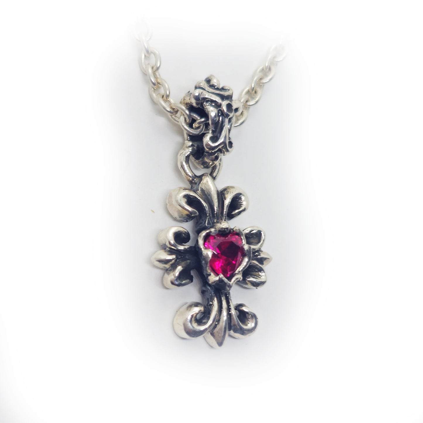 Cross with Fancy Designed and Heart Shape Red Stone Sterling Silver Pendant