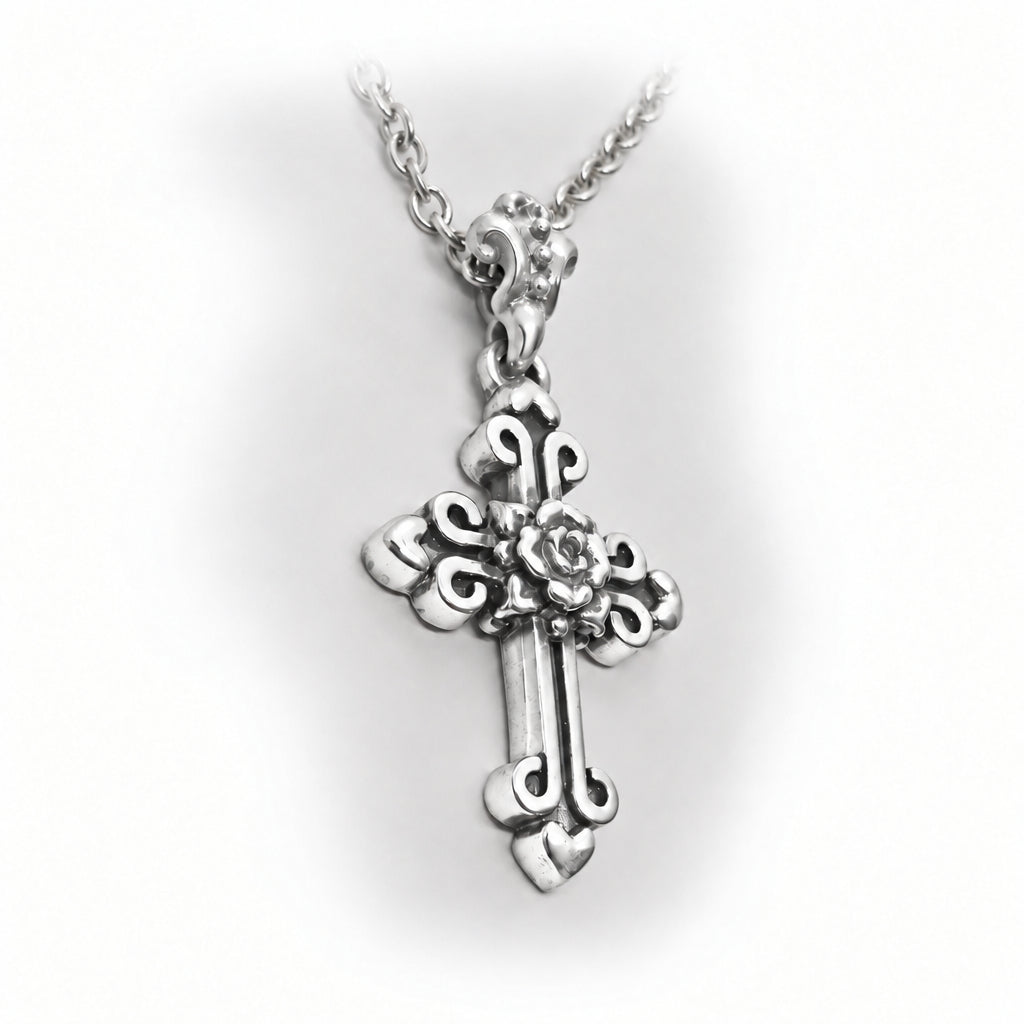 Cross with Hearts and Rose in the Middle Sterling Silver Cross Pendant