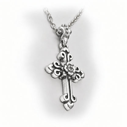 Cross with Hearts and Rose in the Middle Sterling Silver Cross Pendant
