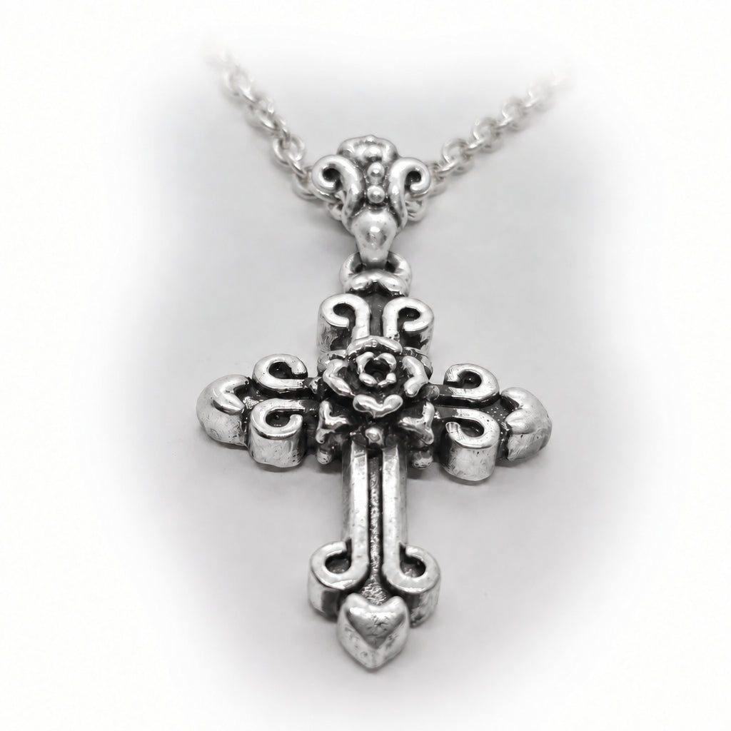 Cross with Hearts and Rose in the Middle Sterling Silver Cross Pendant