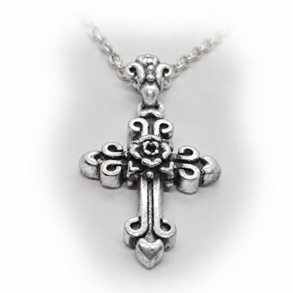 Cross with Hearts and Rose in the Middle Sterling Silver Cross Pendant