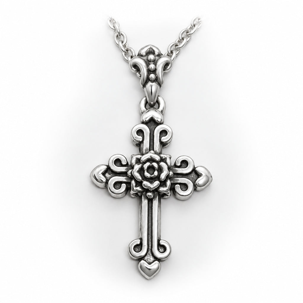 Cross with Hearts and Rose in the Middle Sterling Silver Cross Pendant