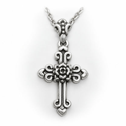 Cross with Hearts and Rose in the Middle Sterling Silver Cross Pendant