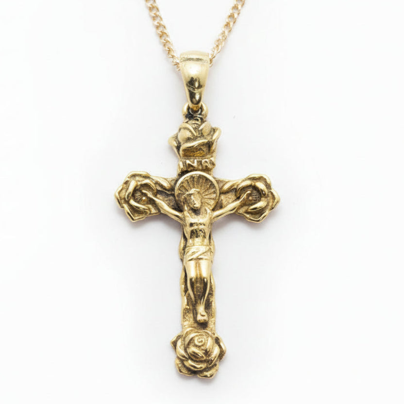 Crossing Jesus Christ with Roses 18kt Gold Pendant