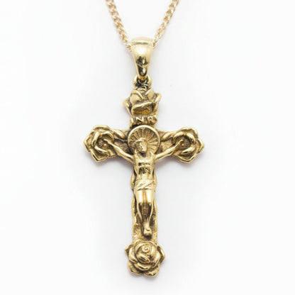 Crossing Jesus Christ with Roses 18kt Gold Pendant