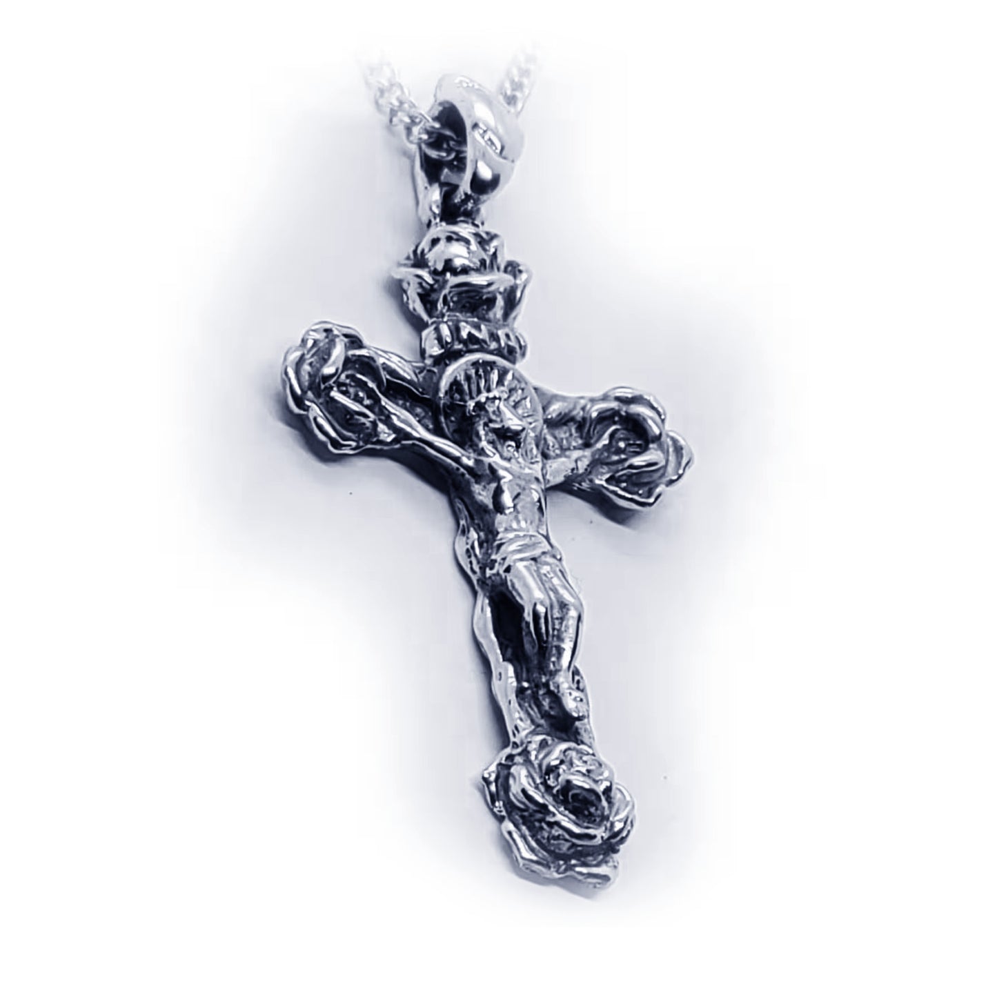Crossing Jesus Christ with Roses Sterling Silver Pendant