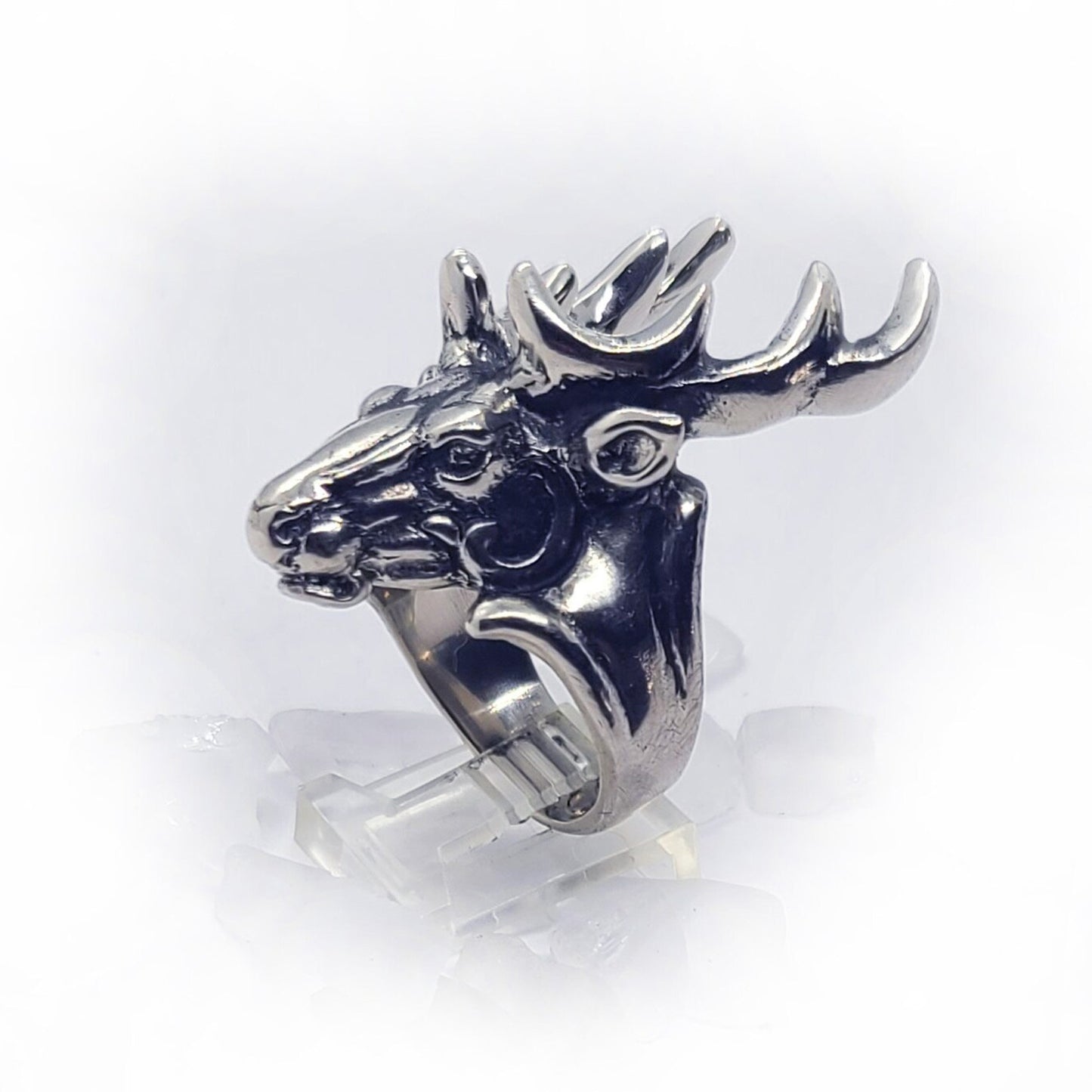 Deer Head with Antler sterling Silver Ring