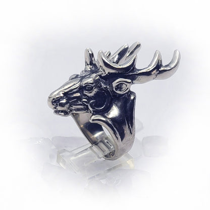 Deer Head with Antler sterling Silver Ring