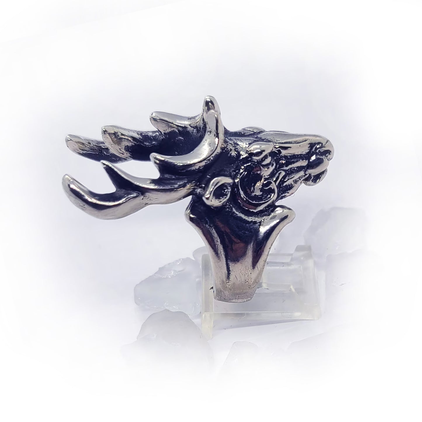 Deer Head with Antler sterling Silver Ring