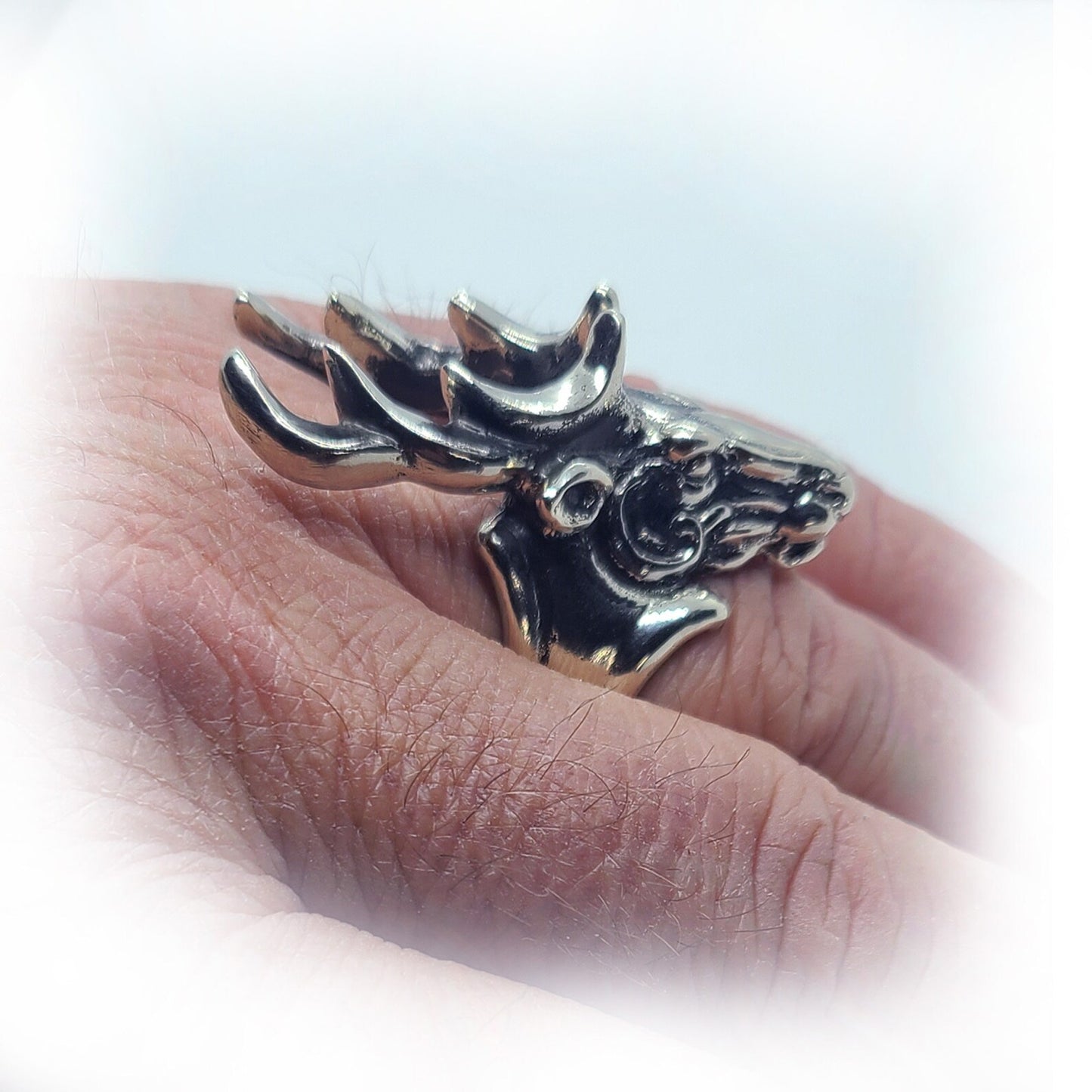 Deer Head with Antler sterling Silver Ring