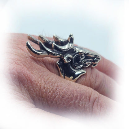 Deer Head with Antler sterling Silver Ring