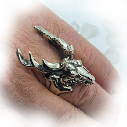 Deer Head with Antler sterling Silver Ring