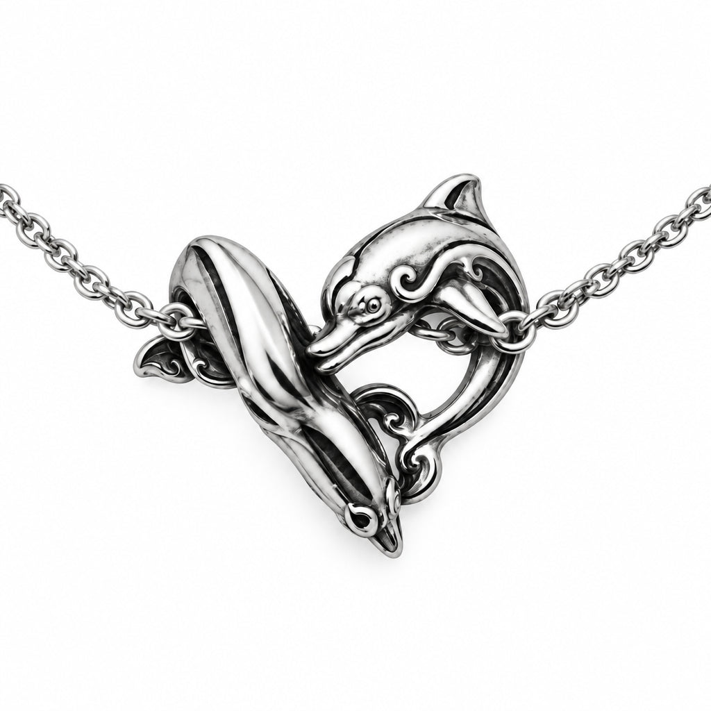 Dolphins Play Heart Shape Sterling Silver Pendant