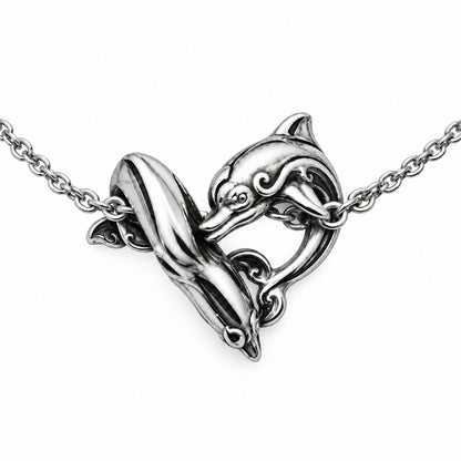 Dolphins Play Heart Shape Sterling Silver Pendant