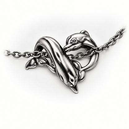 Dolphins Play Heart Shape Sterling Silver Pendant