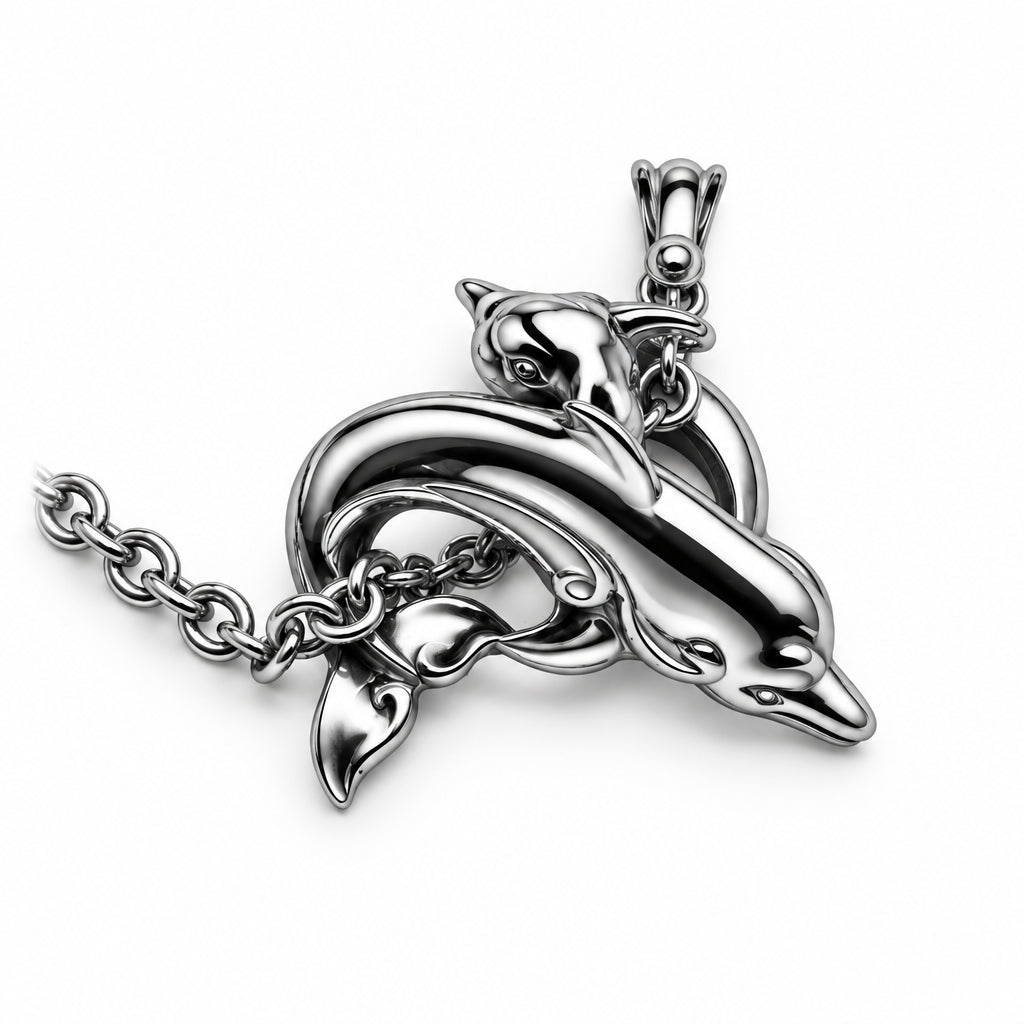 Dolphins Play Heart Shape Sterling Silver Pendant