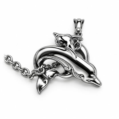 Dolphins Play Heart Shape Sterling Silver Pendant