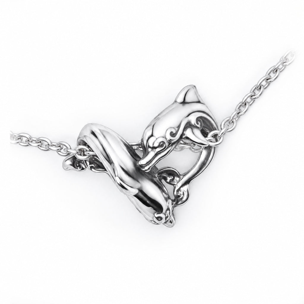 Dolphins Play Heart Shape Sterling Silver Pendant
