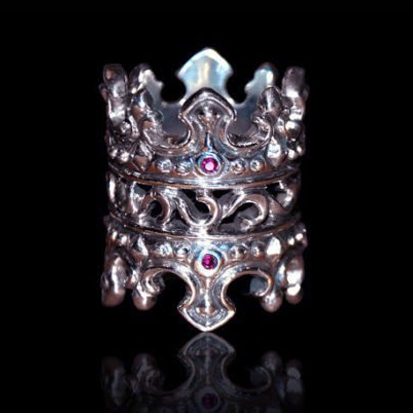 Double Crown Sterling Silver Cigar Ring with Ruby